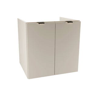 Waschtischunterschrank Orio (60 cm) in Kaschmir mit zwei glatten Türen, goldfarbenen Metallgriffen und Innenregal, modernes minimalistisches Design für Badezimmer, ohne Oberteil.