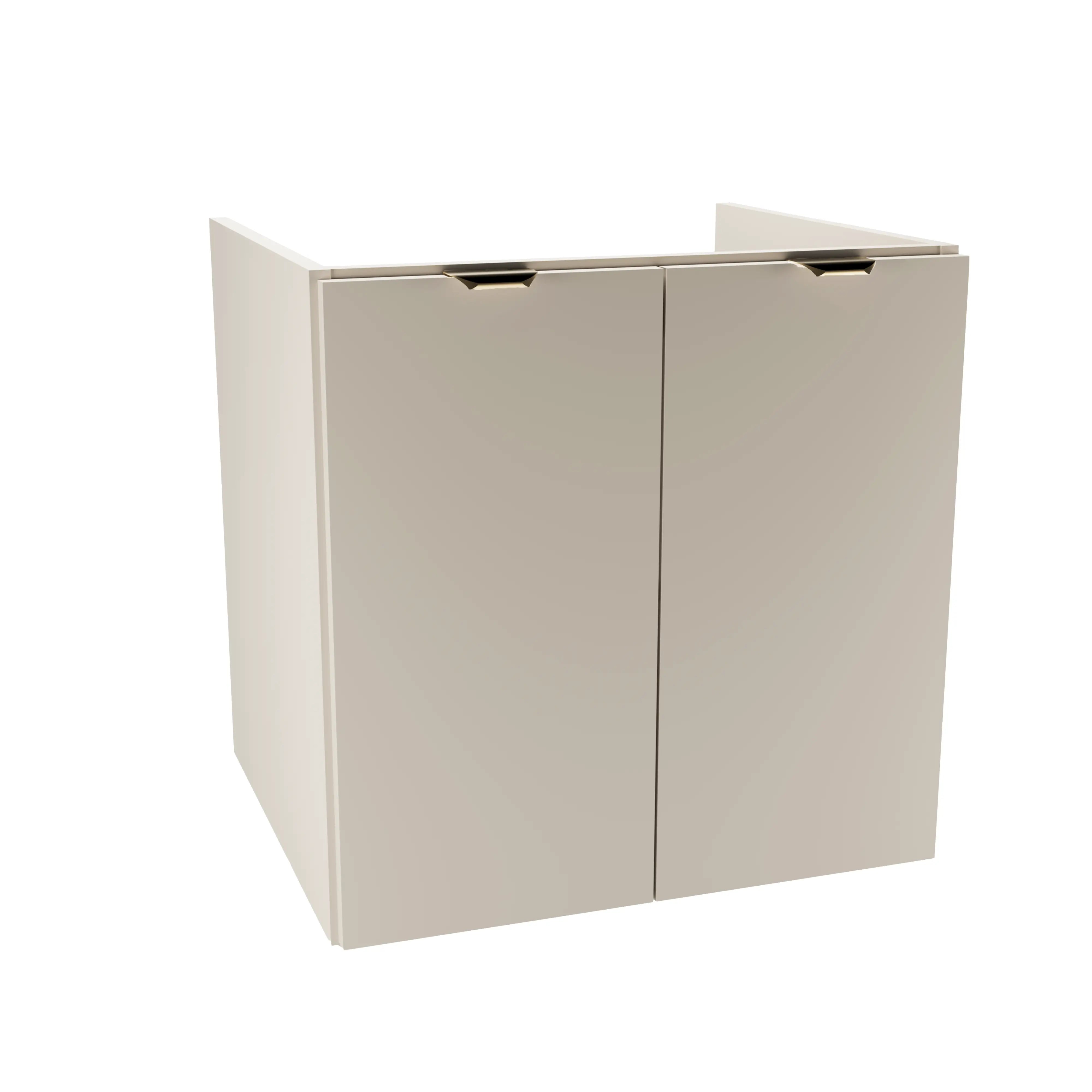 Waschtischunterschrank Orio (60 cm) in Kaschmir mit zwei glatten Türen, goldfarbenen Metallgriffen und Innenregal, modernes minimalistisches Design für Badezimmer, ohne Oberteil.