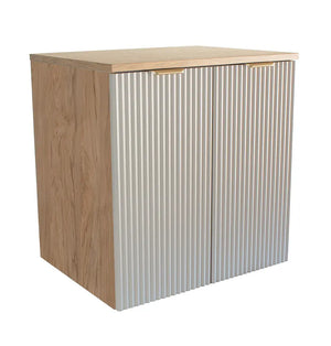 Waschtischunterschrank 60 cm Willy Kaschmir/Walnuss mit geriffelten Fronten, goldenen Griffen, Nussbaum-Oberplatte, PVC-Furnierkanten und Soft-Close-Scharniere – elegantes Badezimmermöbel mit Stauraum
