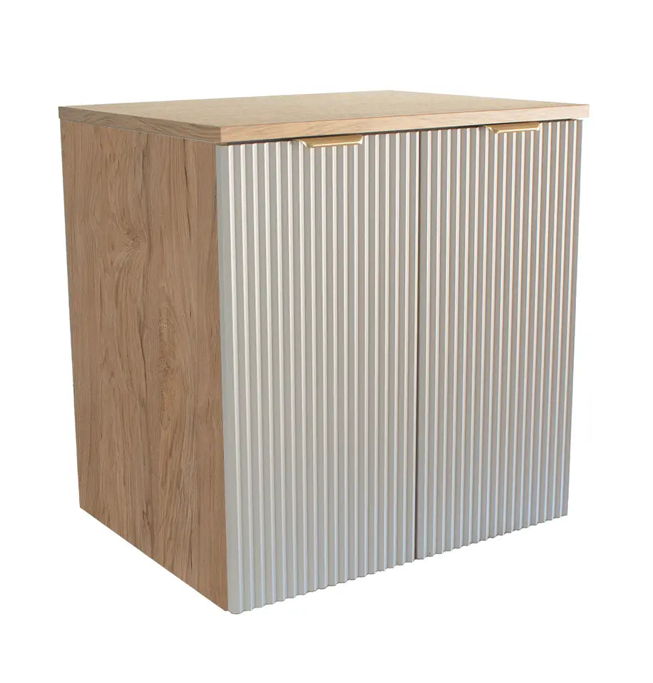Waschtischunterschrank 60 cm Willy Kaschmir/Walnuss mit geriffelten Fronten, goldenen Griffen, Nussbaum-Oberplatte, PVC-Furnierkanten und Soft-Close-Scharniere – elegantes Badezimmermöbel mit Stauraum