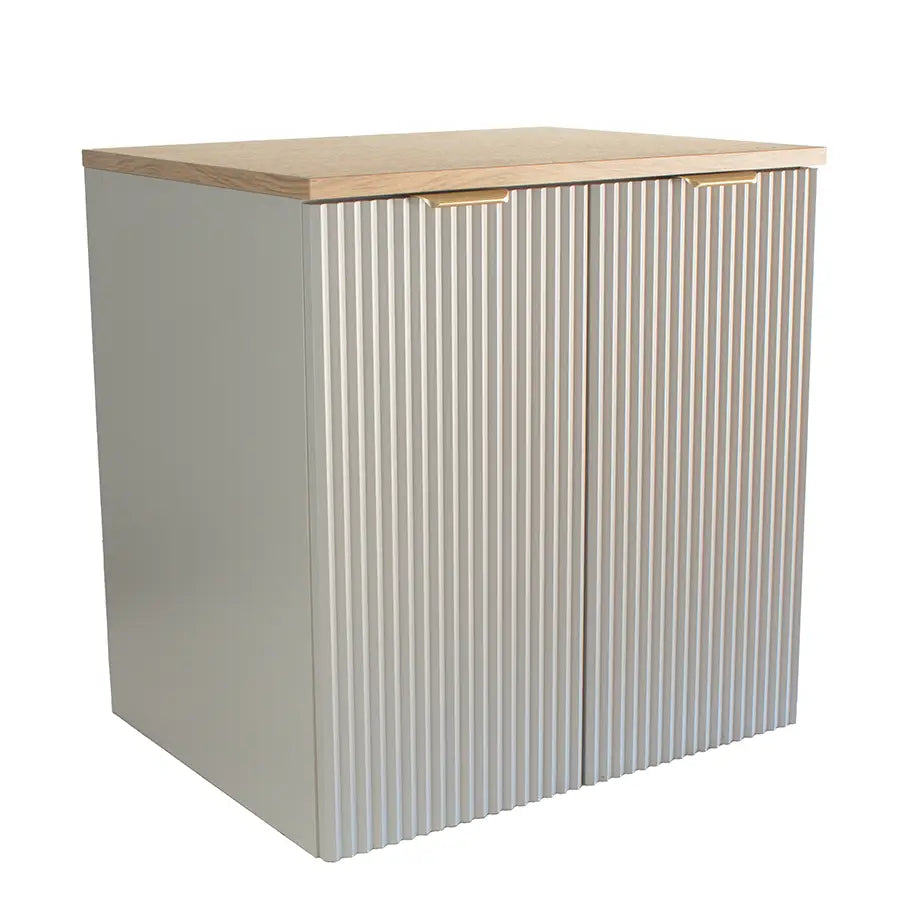 Waschtischunterschrank 60 cm Willy Kashmir mit 2 Türen und Walnussplatte für Badezimmer, geriffelte Fronten, kaschmirfarbener Korpus, matte Oberfläche, feuchtigkeitsbeständig und wandmontierbar, elegantes modernes Design
