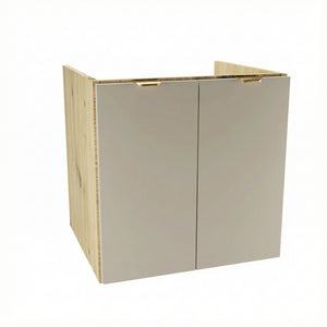 Waschtischunterschrank Orio (60 cm) mit glatten Kaschmir-Fronten und Seitenteilen in Eiche Artisan, zwei Türen, goldfarbene Metallgriffe und Innenregal, modernes Design ohne Oberteil für Badezimmer.