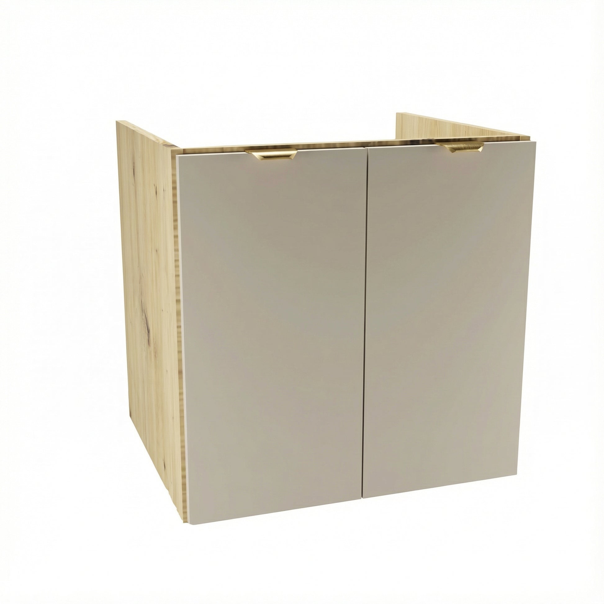 Waschtischunterschrank Orio (60 cm) mit glatten Kaschmir-Fronten und Seitenteilen in Eiche Artisan, zwei Türen, goldfarbene Metallgriffe und Innenregal, modernes Design ohne Oberteil für Badezimmer.