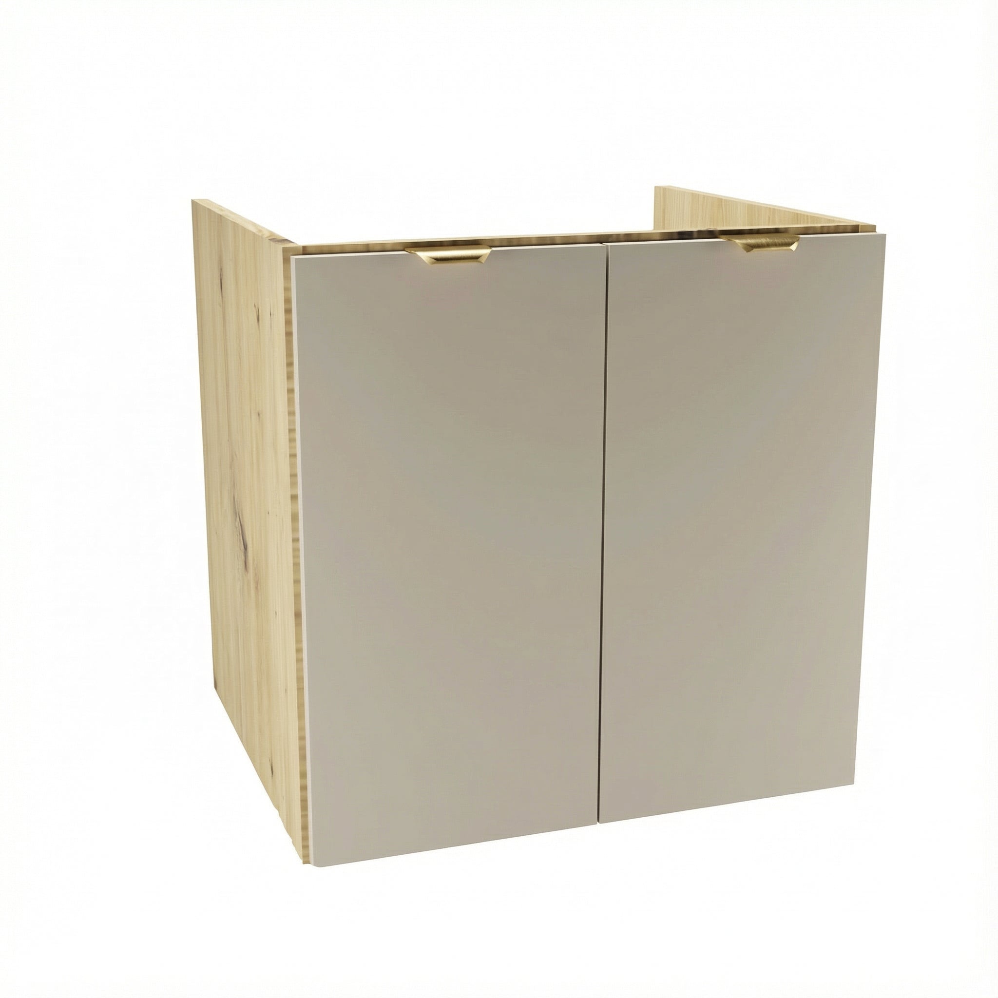 Waschtischunterschrank Orio (60 cm) mit glatten Kaschmir-Fronten und Seitenteilen in Eiche Artisan, zwei Türen, goldfarbene Metallgriffe und Innenregal, modernes Design ohne Oberteil für Badezimmer.