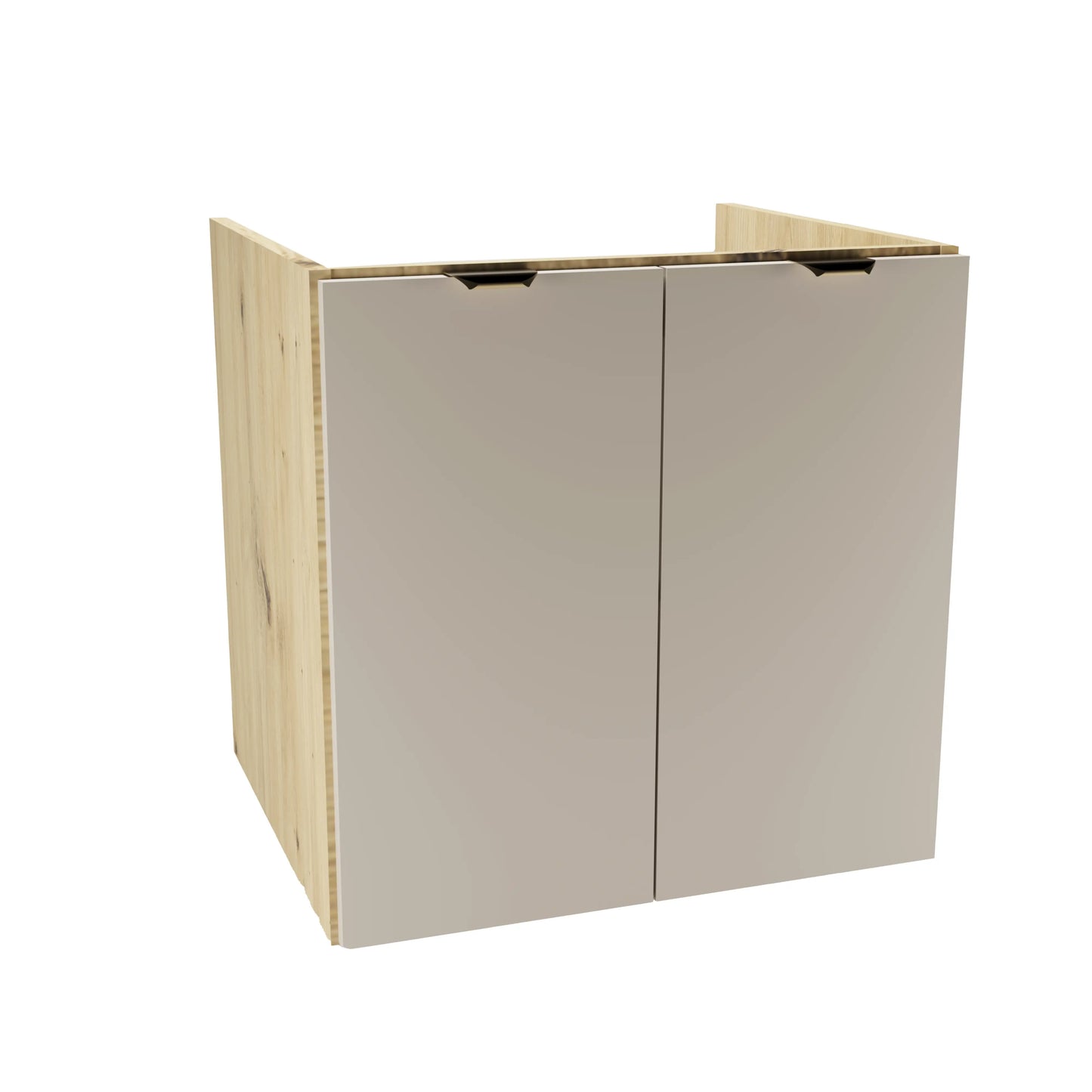 Waschtischunterschrank Orio 60 cm Kaschmir/Eiche Artisan mit 2 Türen, glatten Fronten, Innenregal und goldenen Griffen – modernes Design fürs Badezimmer.