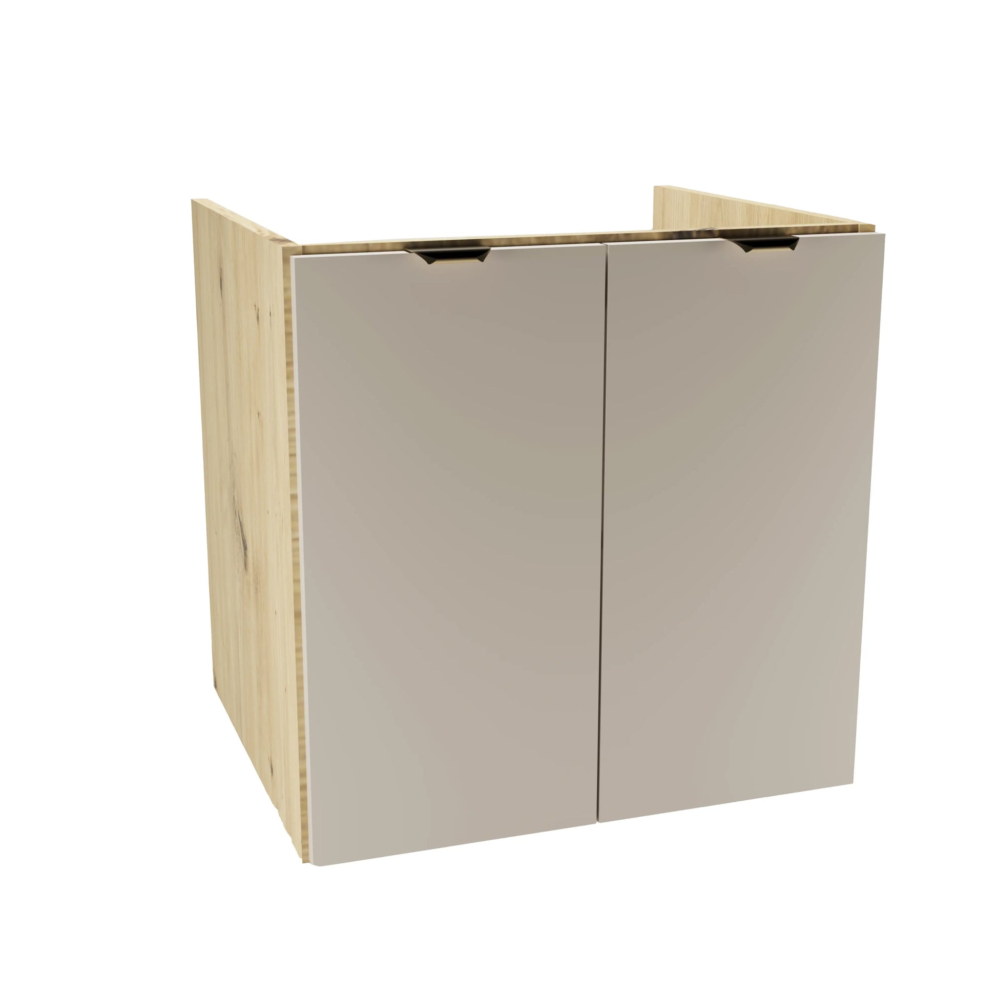 Waschtischunterschrank Orio 60 cm Kaschmir/Eiche Artisan mit 2 Türen, glatten Fronten, Innenregal und goldenen Griffen – modernes Design fürs Badezimmer.