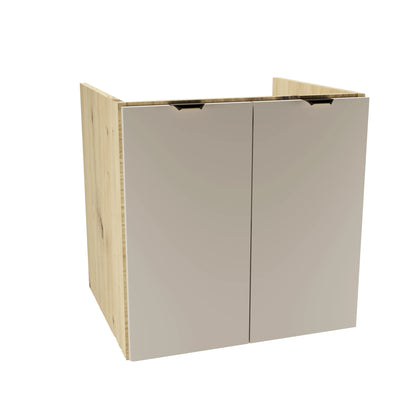 Waschtischunterschrank Orio 60 cm Kaschmir/Eiche Artisan mit 2 Türen, glatten Fronten, Innenregal und goldenen Griffen – modernes Design fürs Badezimmer.
