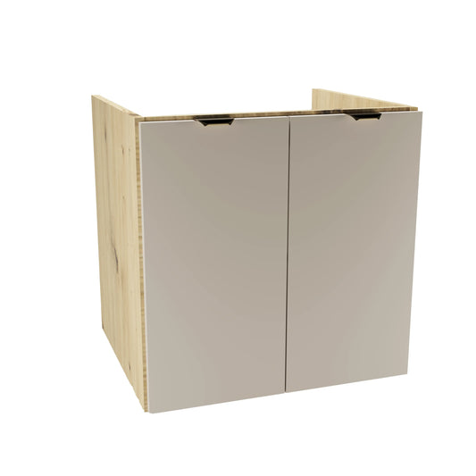 Waschtischunterschrank Orio 60 cm Kaschmir/Eiche Artisan mit 2 Türen, glatten Fronten, Innenregal und goldenen Griffen – modernes Design fürs Badezimmer.