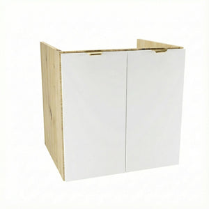 Waschtischunterschrank Orio 60 cm in Weiß / Eiche Artisan mit 2 Türen, glatte Fronten, ohne Oberteil, Metallgriffe in Gold, modernes Design aus 18-mm laminierter Spanplatte, ideal für Badezimmer.