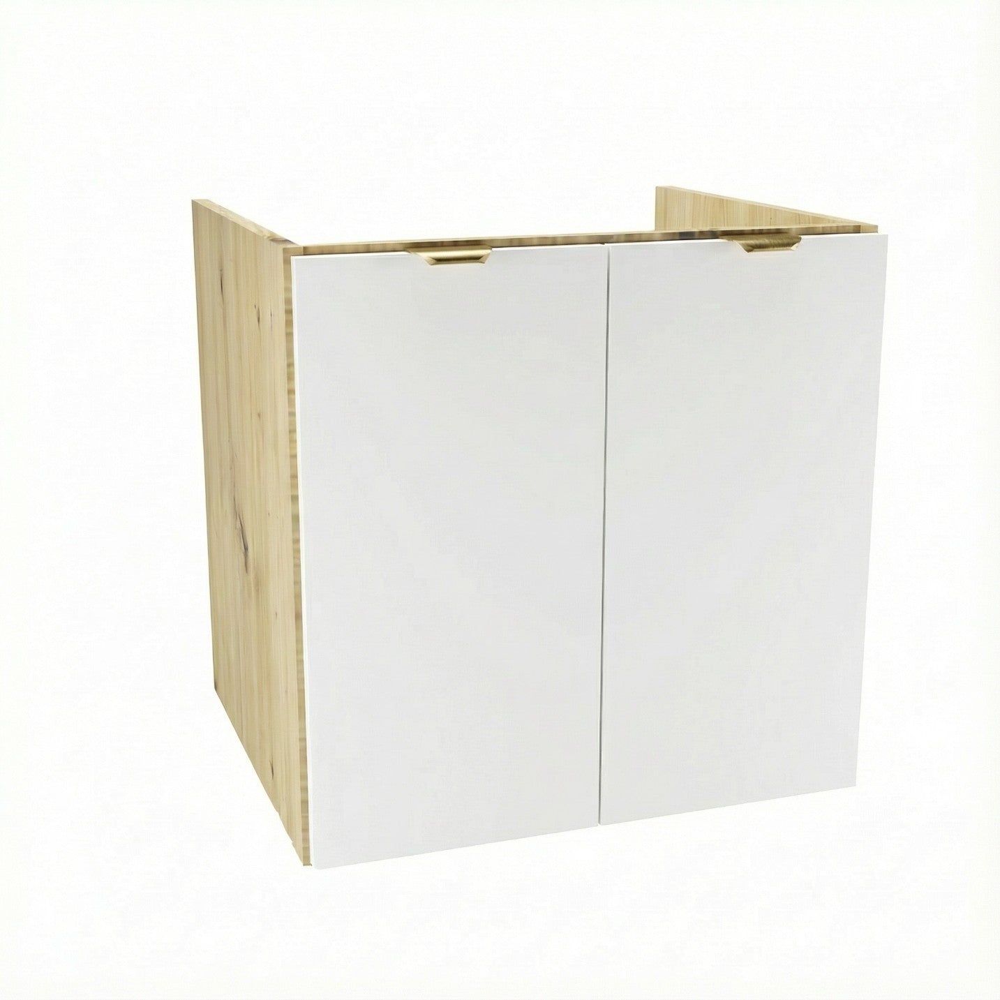 Waschtischunterschrank Orio 60 cm in Weiß / Eiche Artisan mit 2 Türen, glatte Fronten, ohne Oberteil, Metallgriffe in Gold, modernes Design aus 18-mm laminierter Spanplatte, ideal für Badezimmer.