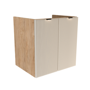 Waschtischunterschrank Willy 60 cm breit in Kaschmir/Walnuss – 2 geriffelte Türen mit 1 Einlegeboden, wählbare Metallgriffe in Schwarz oder Gold, ohne Oberteil, elegantes und funktionales Möbel für moderne Badezimmer.