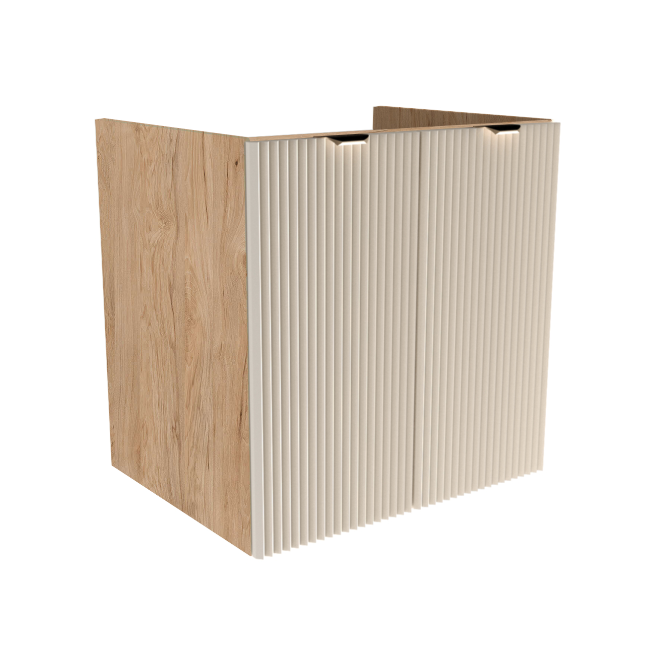 Waschtischunterschrank Willy 60 cm breit in Kaschmir/Walnuss – 2 geriffelte Türen mit 1 Einlegeboden, wählbare Metallgriffe in Schwarz oder Gold, ohne Oberteil, elegantes und funktionales Möbel für moderne Badezimmer.