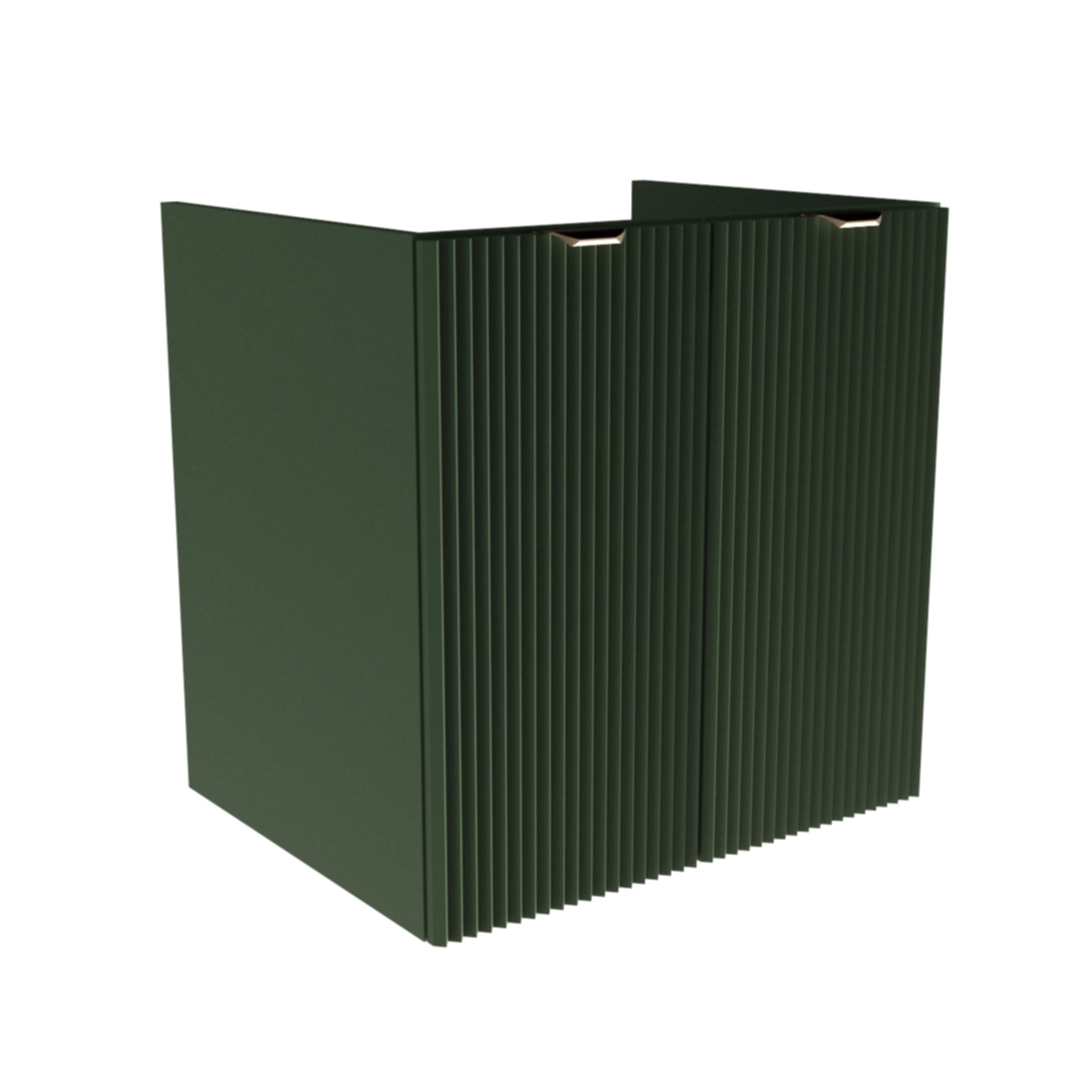 Waschtischunterschrank 60 cm komplett in Salbei mit geriffelten Türen und schwarzen oder goldenen Griffen, ohne Waschbecken/Oberteil.
