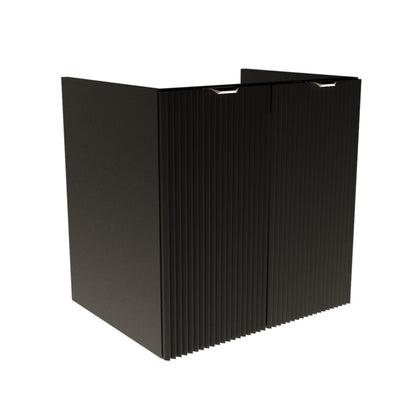 Schwarzer Waschtischunterschrank 60 cm mit zwei geriffelten Türen, schwarzem Korpus und schwarzen Metallgriffen, ohne Oberteil.