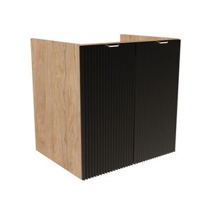 Waschtischunterschrank Willy 60 cm breit in Schwarz/Walnuss – 2 geriffelte Türen mit 1 Einlegeboden, schwarze Metallgriffe, ohne Oberteil, elegantes und funktionales Möbel für moderne Badezimmer.