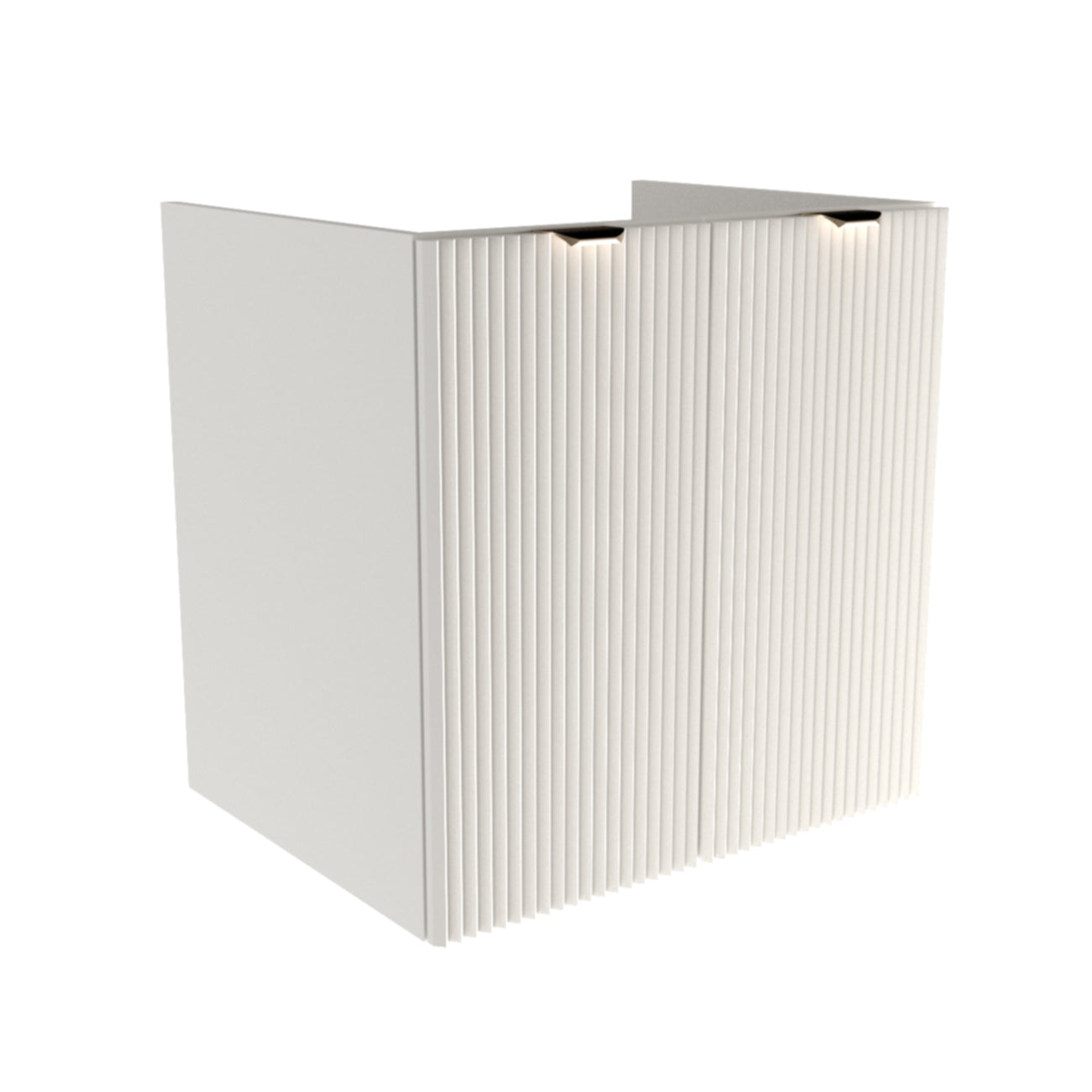 Waschtischunterschrank 60 cm in Weiß mit zwei geriffelten Türen und goldenen oder schwarzen Griffen, ohne Waschbecken.