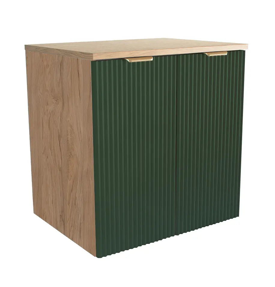 Waschtischunterschrank Willy 60 cm in Salbeigrün mit gerillten Türen und Ablageplatte in Walnussoptik, Soft-Close und Metallgriffen.