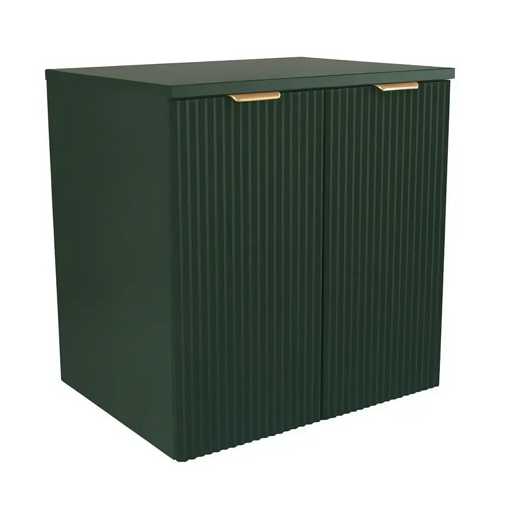 Waschtischunterschrank Willy 60 cm in Salbeigrün mit gerillten Fronten, Ablageplatte und Metallgriffen.