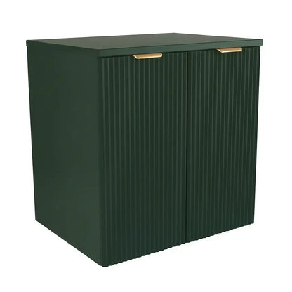 Waschtischunterschrank Willy 60 cm in Salbeigrün mit gerillten Fronten, Ablageplatte und Metallgriffen.