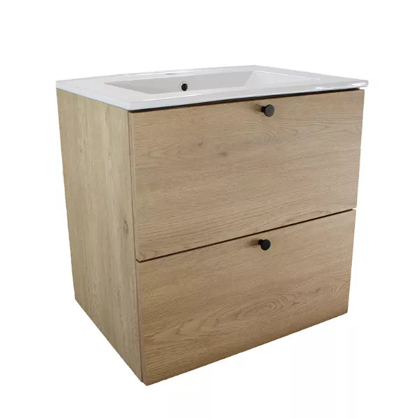 Waschtischunterschrank 60 cm mit Waschbecken Beti aus Eiche Cremona mit glatten Fronten und runden Metallgriffen in Schwarz oder Gold.