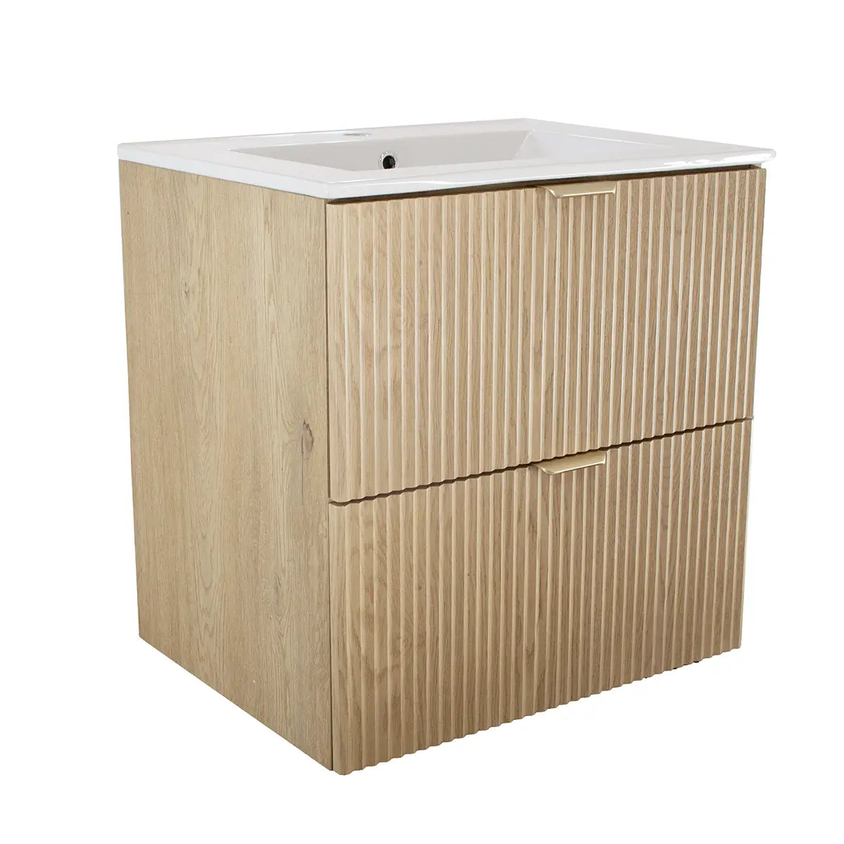 Waschtischunterschrank 60 cm mit Waschbecken in Eiche Cremona mit zwei Schubladen und Keramikbecken – modernes Badezimmermöbel.
