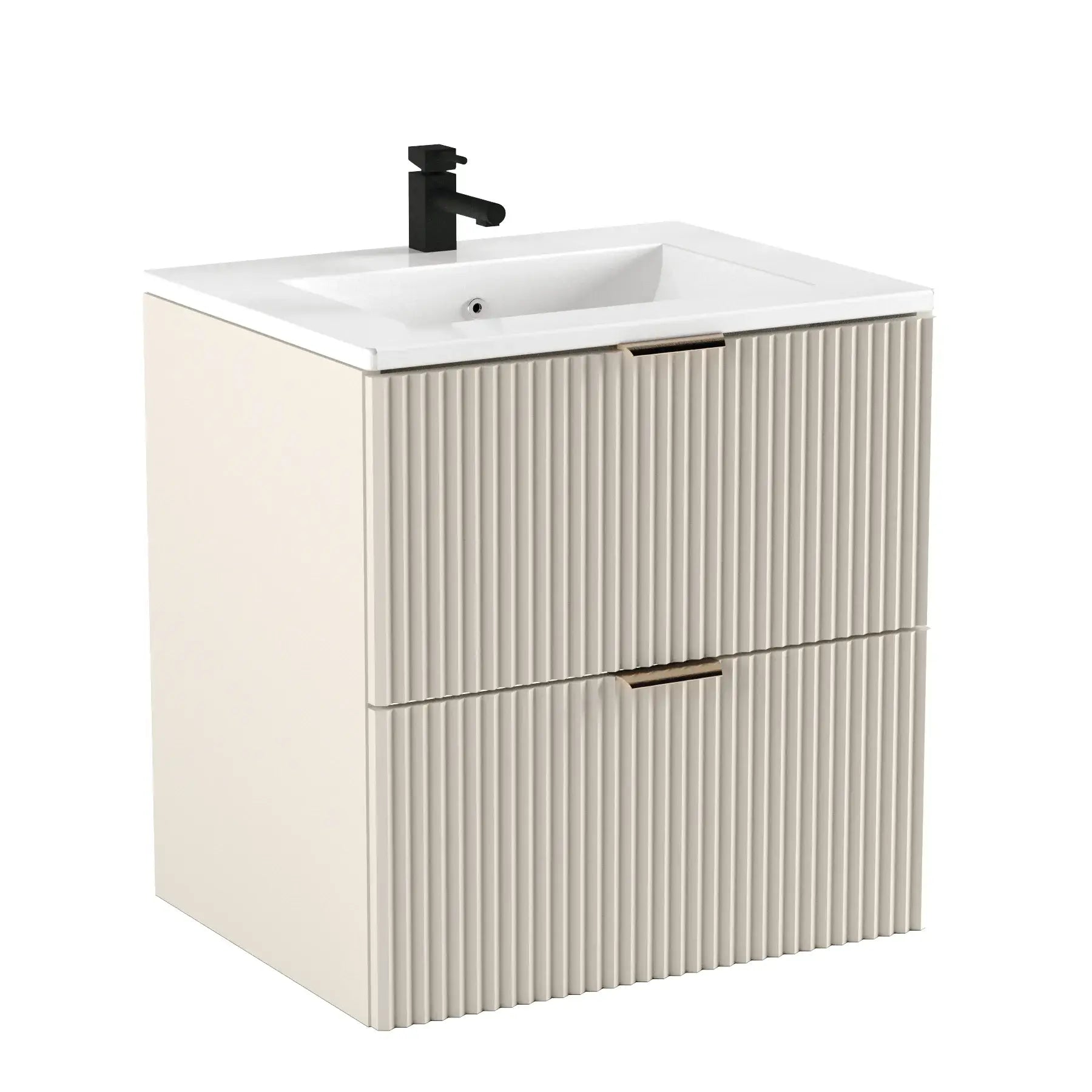 Waschtischunerschrank Kaschmir Willy 60 cm mit geriffelten Fronten, Soft-Close-Schubladen, goldfarbenen Metallgriffen und Keramikwaschbecken in modernem Badezimmer.