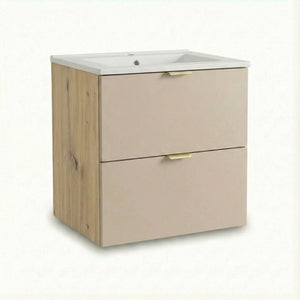 Moderner Waschtischunterschrank Orio 60 cm mit Keramikwaschbecken, Kaschmir-Fronten, Korpus in Eiche Artisan, zwei Schubladen mit Soft-Close und Metallgriffen