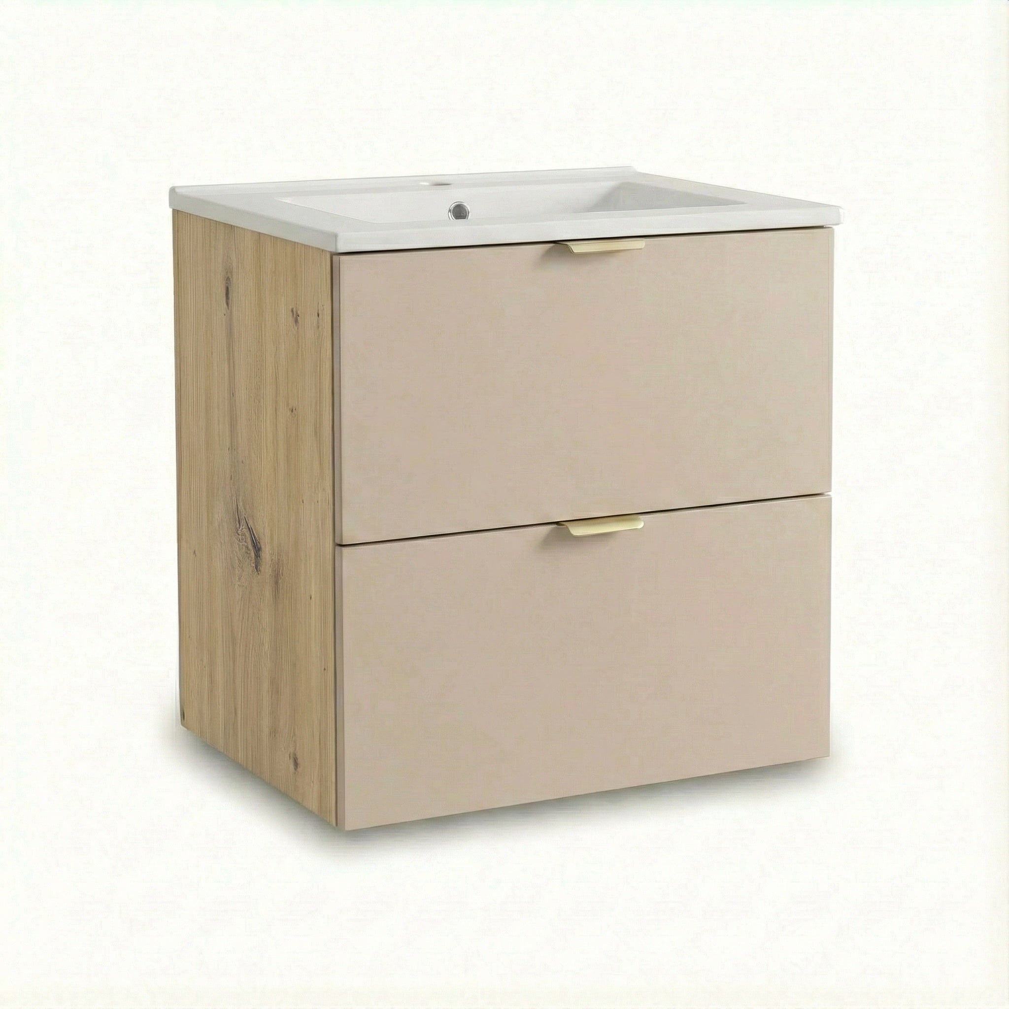 Moderner Waschtischunterschrank Orio 60 cm mit Keramikwaschbecken, Kaschmir-Fronten, Korpus in Eiche Artisan, zwei Schubladen mit Soft-Close und Metallgriffen