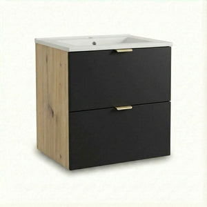Waschtischunterschrank Orio 60 cm mit Keramikwaschbecken in Schwarz/Eiche Artisan, 2 Schubladen mit SOFT-CLOSE