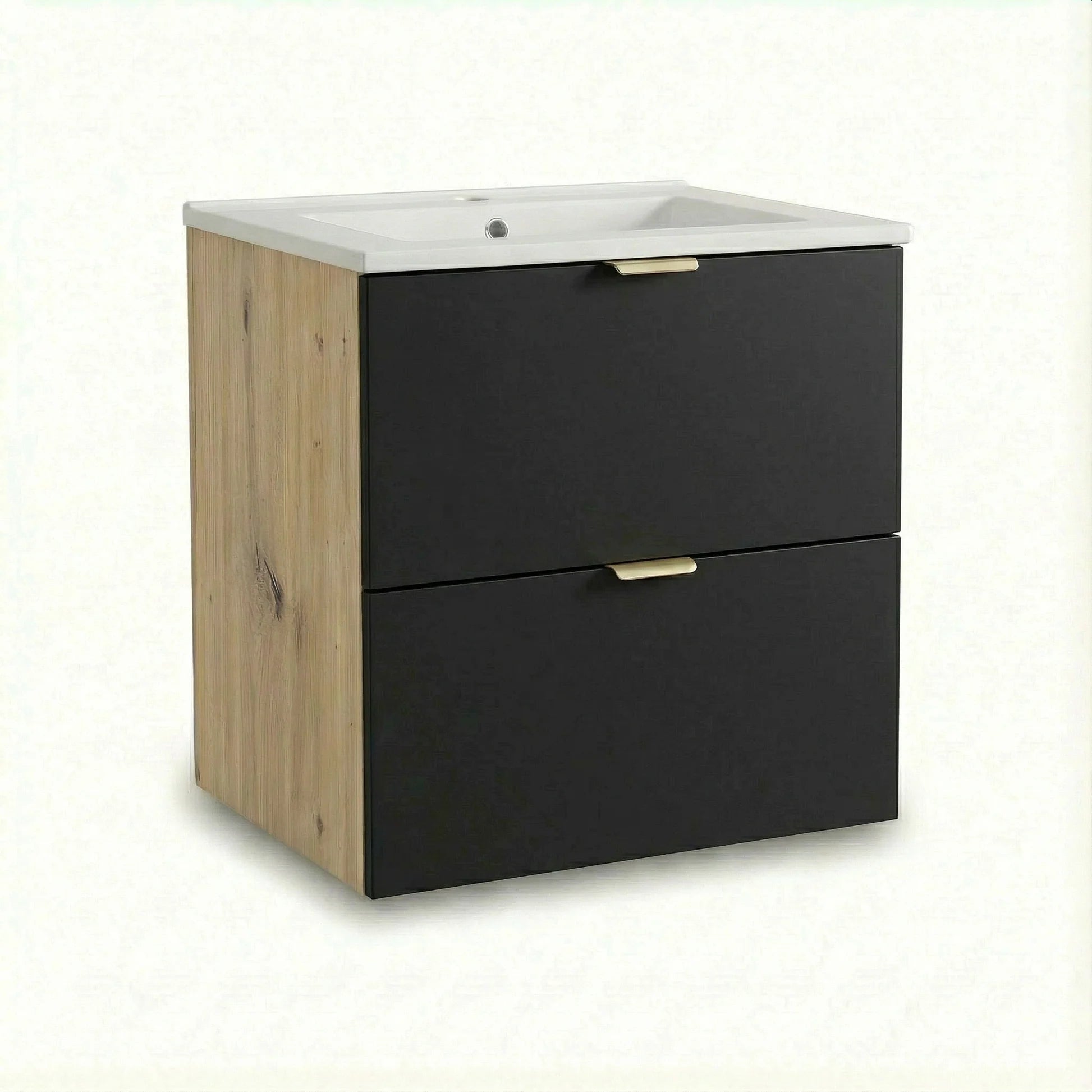 Waschtischunterschrank Orio 60 cm mit Keramikwaschbecken in Schwarz/Eiche Artisan, 2 Schubladen mit SOFT-CLOSE
