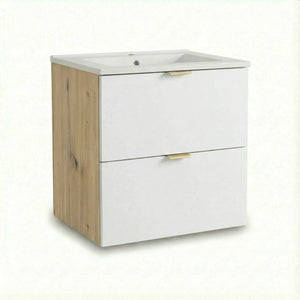 Waschtischunterschrank Orio 60 cm mit Keramikwaschbecken in Weiß/Eiche Artisan, 2 Schubladen mit SOFT-CLOSE
