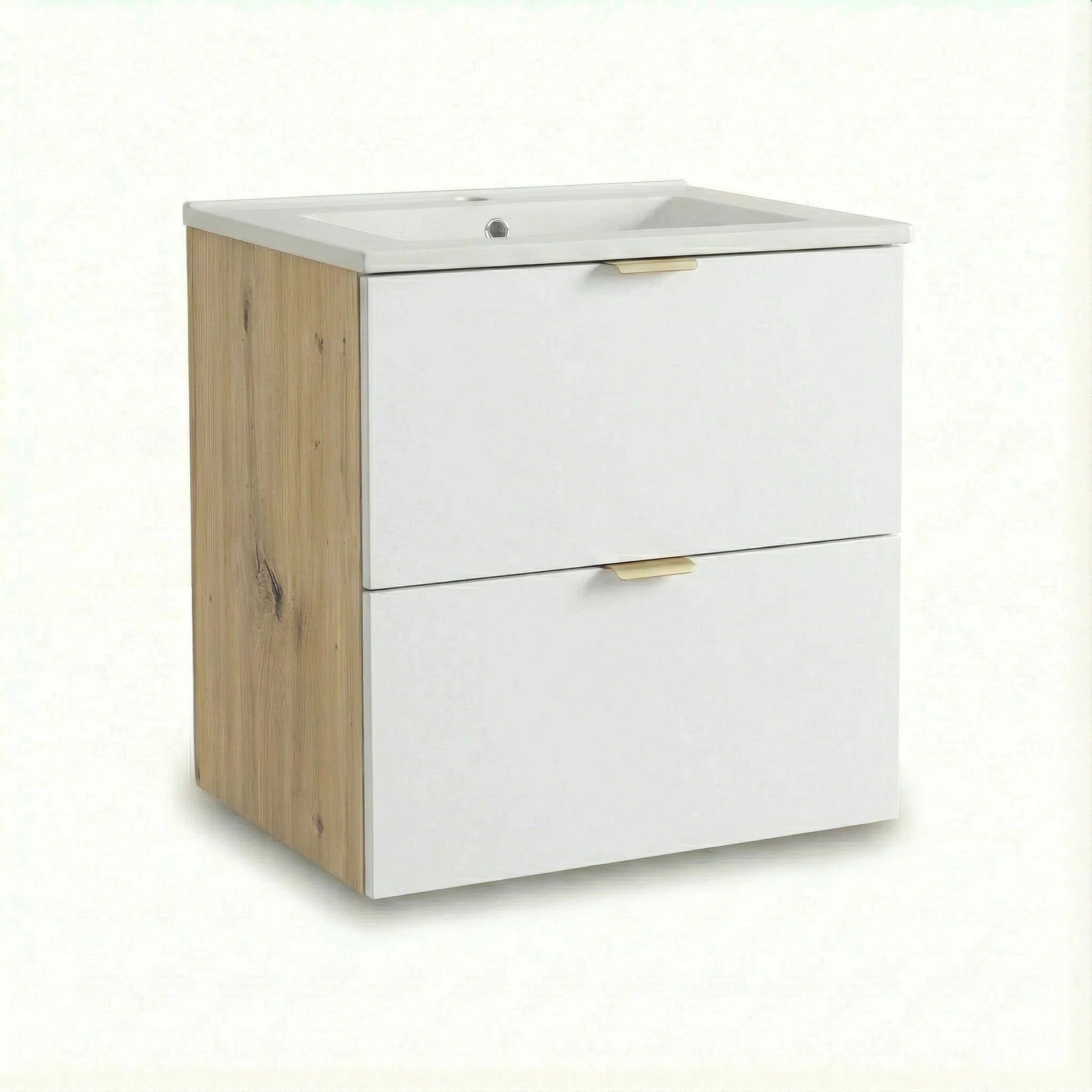 Waschtischunterschrank Orio 60 cm mit Keramikwaschbecken in Weiß/Eiche Artisan, 2 Schubladen mit SOFT-CLOSE