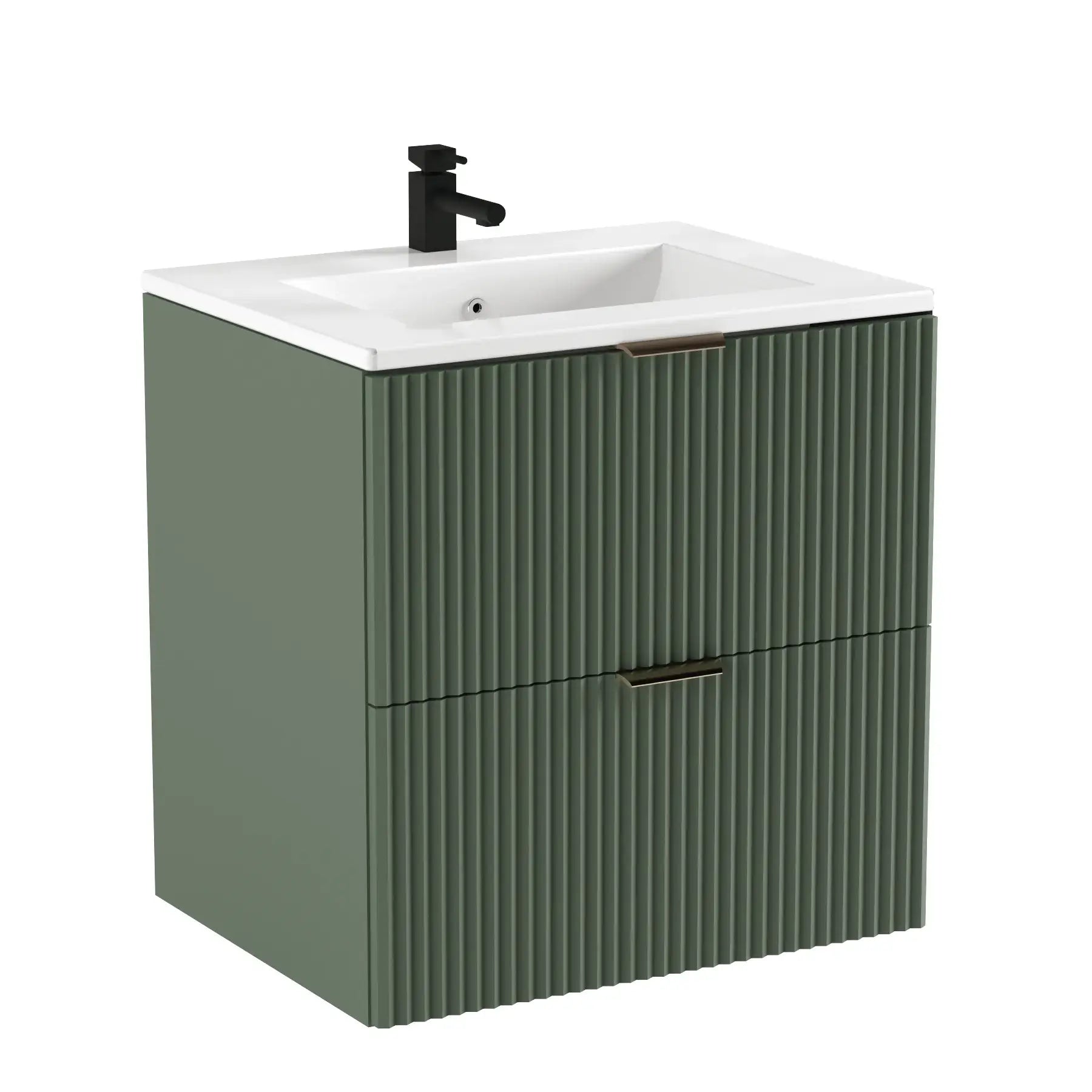 Waschtischunterschrank Willy 60 cm in Salbei/Walnuss mit geriffelten Fronten, Soft-Close-Schubladen, goldfarbenen Griffen und integriertem Keramikwaschbecken.