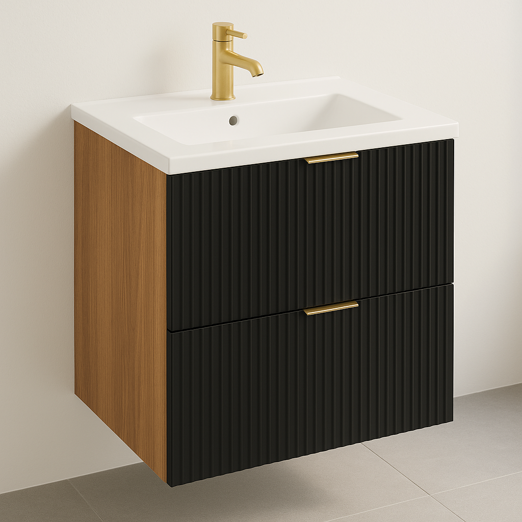 Waschtischunterschrank Willy 60 cm in Schwarz/Walnuss mit geriffelten Fronten, offenem Regalteil, Soft-Close-Schubladen und integriertem Keramikwaschbecken.