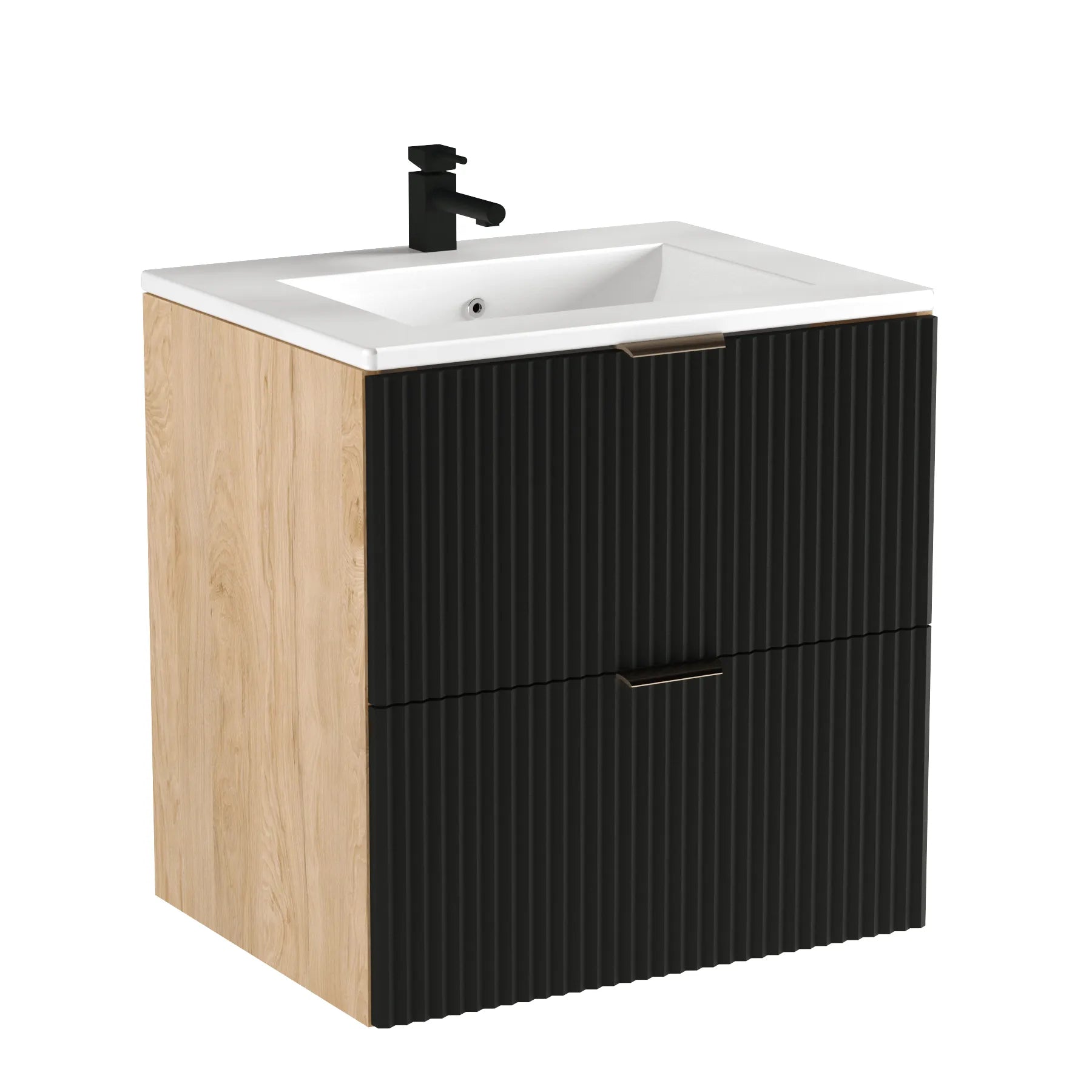 Waschtischunterschrank Willy 60 cm in Schwarz/Walnuss mit geriffelten Fronten, offenem Regalteil, Soft-Close-Schubladen und integriertem Keramikwaschbecken.
