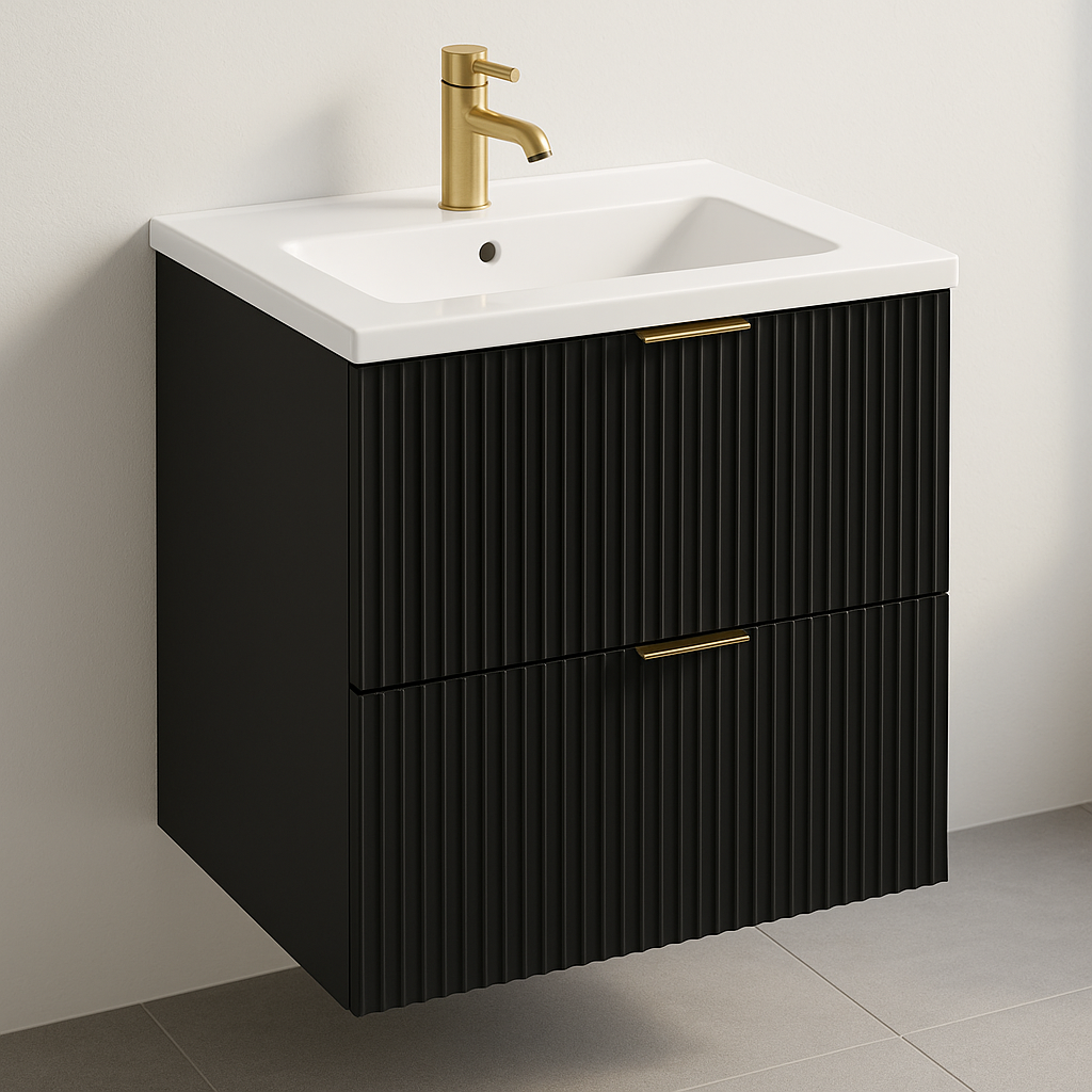 Waschtischunterschrank Willy 60 cm in Schwarz mit geriffelten Fronten, zwei Soft-Close-Schubladen, schwarzen oder goldenen Griffen und Keramikwaschbecken.