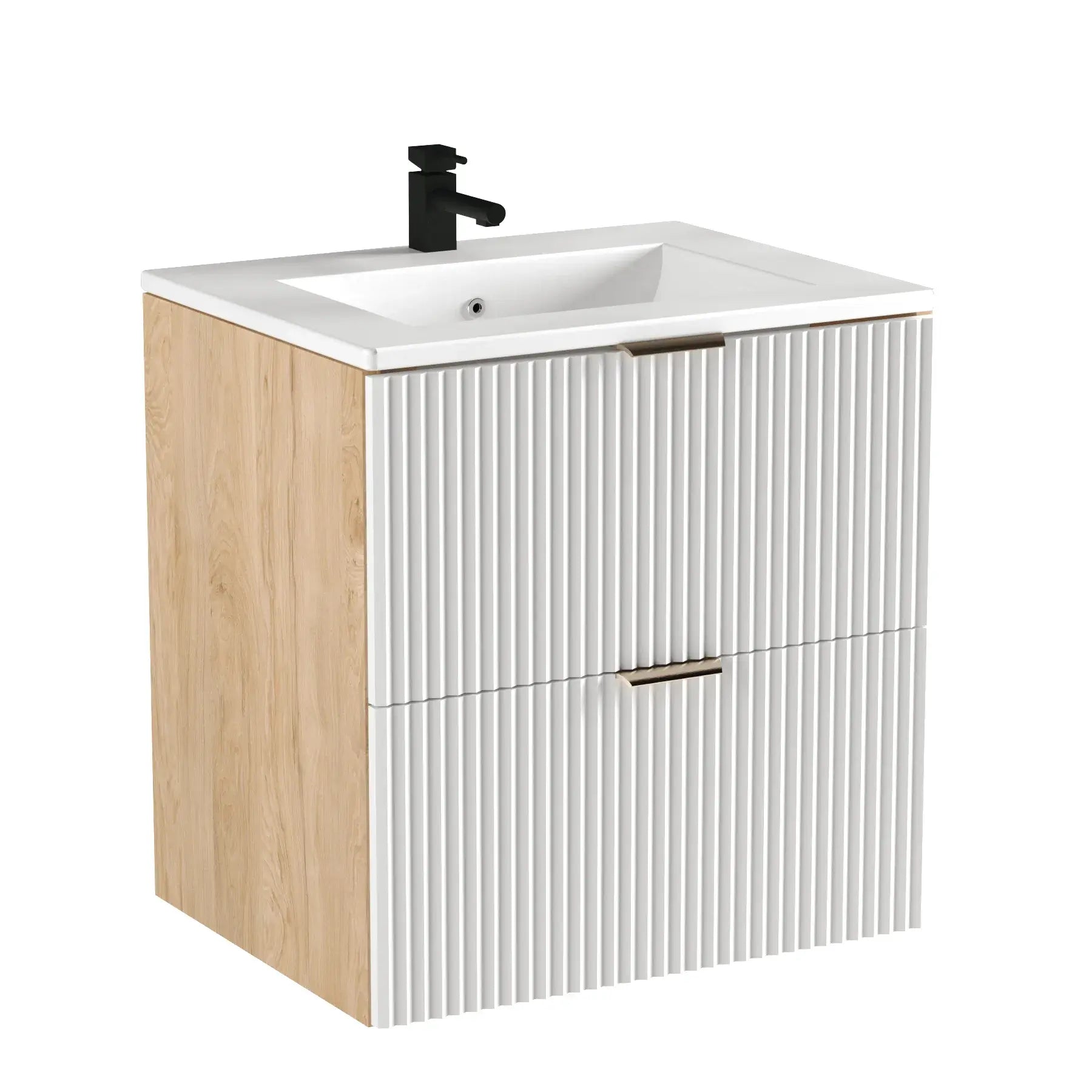 Waschtischunterschrank Willy 60 cm mit weißen geriffelten Fronten, Korpus in Walnuss-Optik, zwei Soft-Close-Schubladen, wählbaren Griffen und Keramikwaschbecken.
