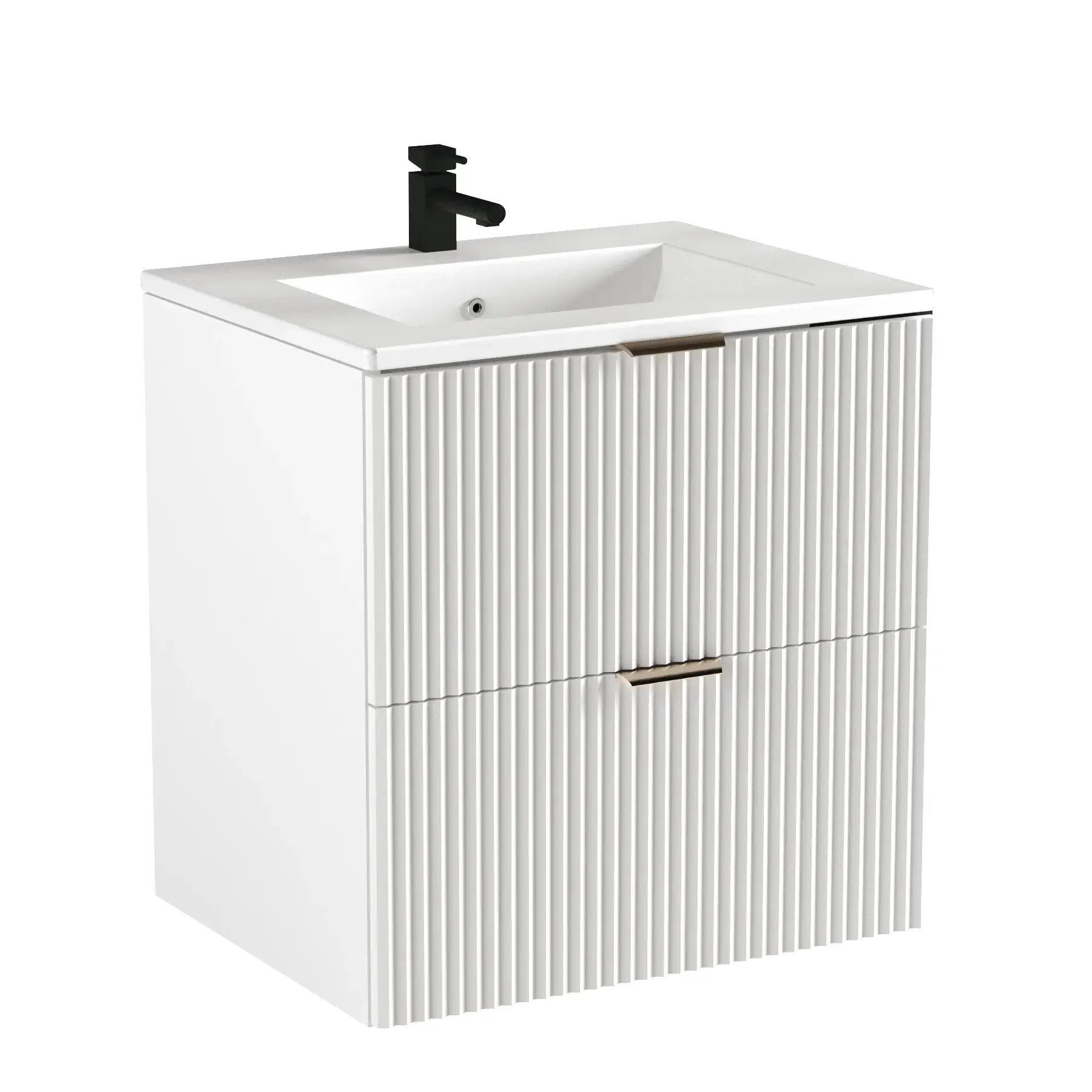 Waschtischunterschrank Willy 60 cm in Weiß mit geriffelten Fronten, zwei Soft-Close-Schubladen, wählbaren Griffen und Keramikwaschbecken.