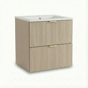 Waschtischunerschrank Kaschmir Willy 60 cm mit geriffelten Fronten, Soft-Close-Schubladen, goldfarbenen Metallgriffen und Keramikwaschbecken in modernem Badezimmer.