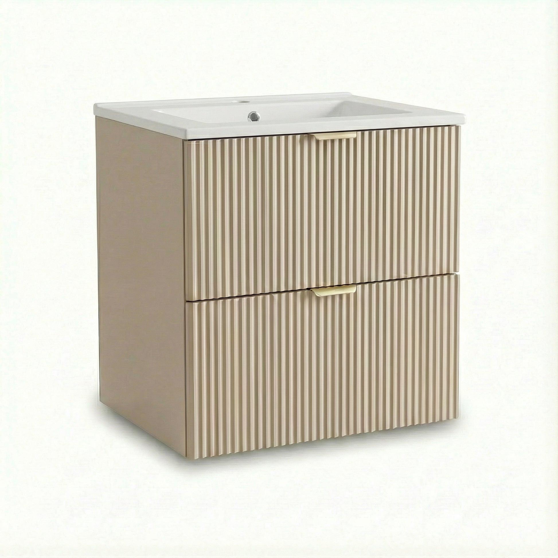 Waschtischunerschrank Kaschmir Willy 60 cm mit geriffelten Fronten, Soft-Close-Schubladen, goldfarbenen Metallgriffen und Keramikwaschbecken in modernem Badezimmer.