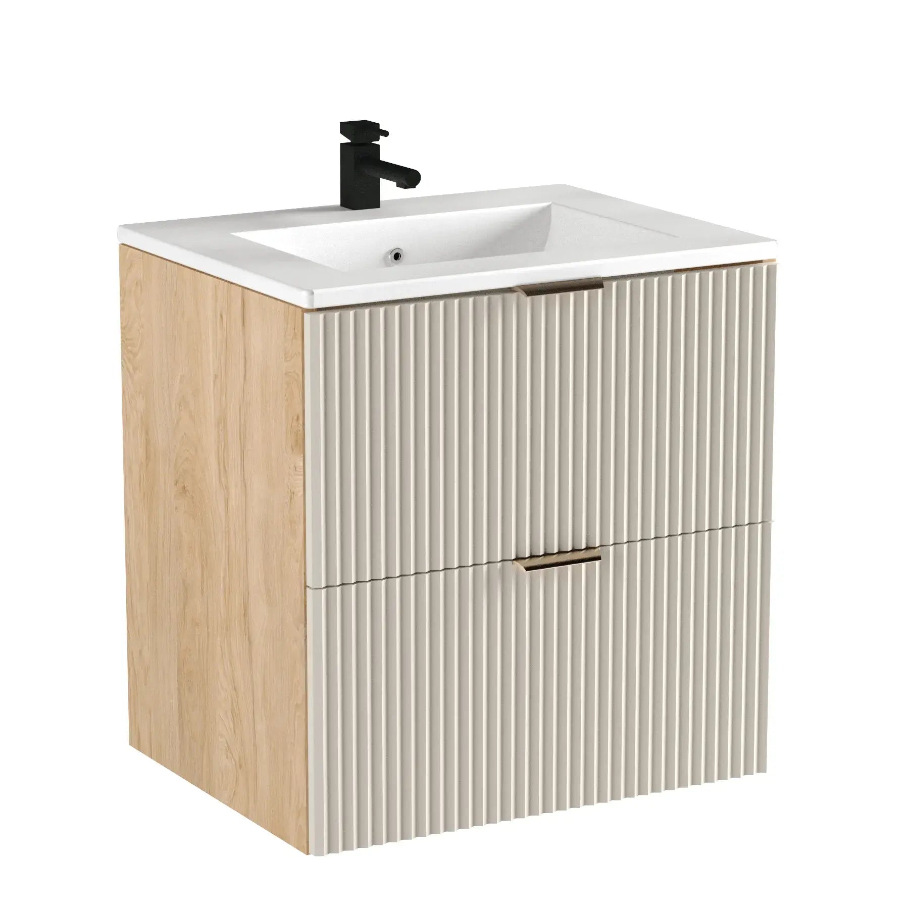 Waschtischunterschrank Willy 60 cm in Kaschmir/Walnuss mit geriffelten Fronten, zwei Soft-Close-Schubladen und goldfarbenen Metallgriffen, integriertem Keramikwaschbecken.