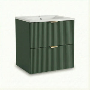 Waschtischunterschrank Willy 60 cm in Salbei/Walnuss mit geriffelten Fronten, Soft-Close-Schubladen, goldfarbenen Griffen und integriertem Keramikwaschbecken.