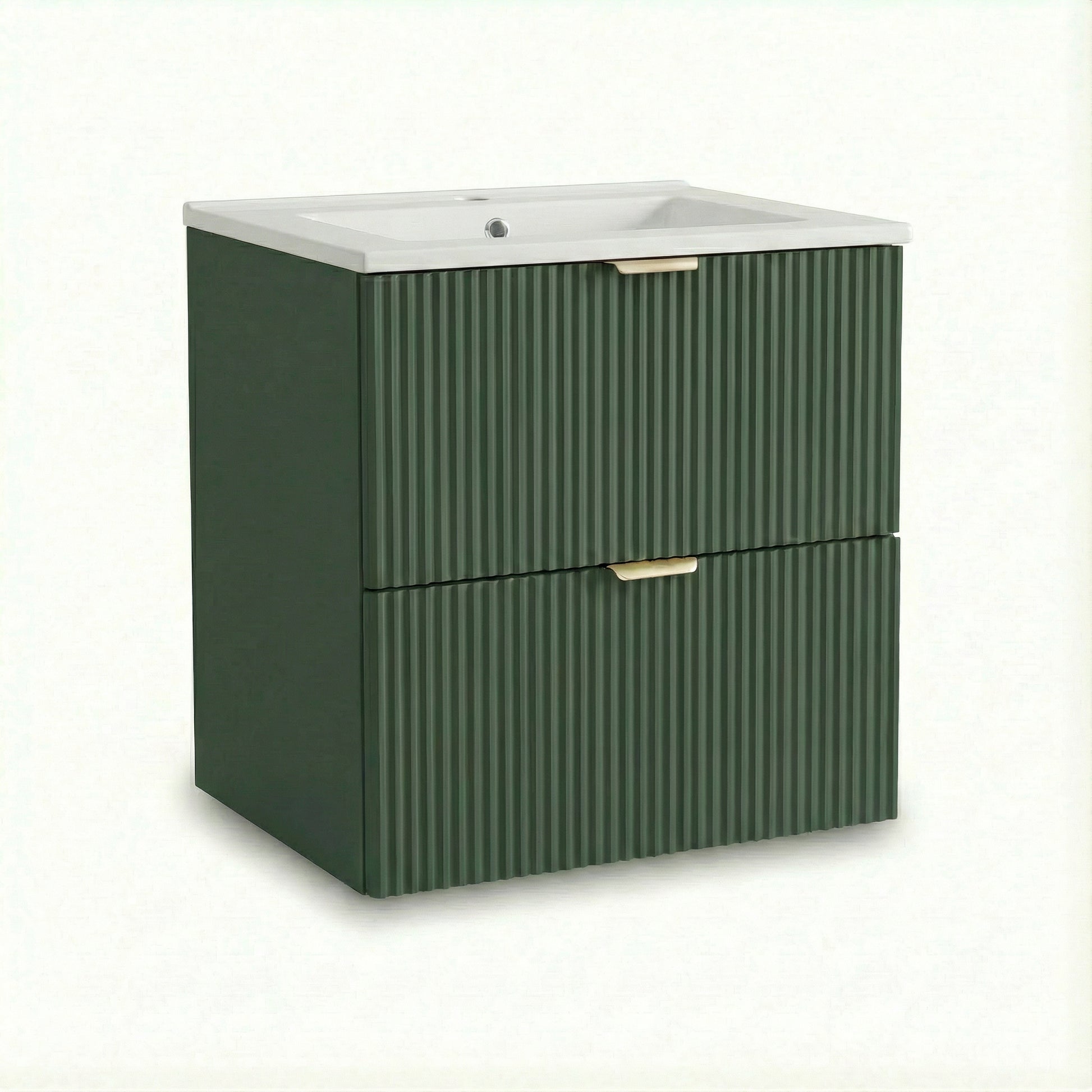 Waschtischunterschrank Willy 60 cm in Salbei/Walnuss mit geriffelten Fronten, Soft-Close-Schubladen, goldfarbenen Griffen und integriertem Keramikwaschbecken.
