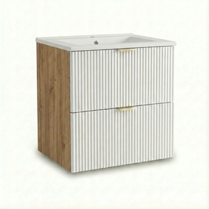 Waschtischunterschrank Willy 60 cm in Weiß/Walnuss mit integriertem Keramikwaschbecken. Modernes Badmöbel mit geriffelten Fronten, offenem Regal und zwei Soft-Close-Schubladen.