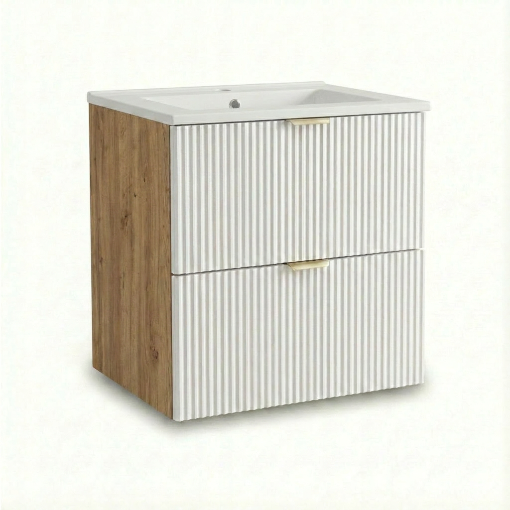 Waschtischunterschrank Willy 60 cm in Weiß/Walnuss mit integriertem Keramikwaschbecken. Modernes Badmöbel mit geriffelten Fronten, offenem Regal und zwei Soft-Close-Schubladen.