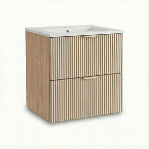 Waschtischunterschrank Willy 60 cm mit integriertem Keramikwaschbecken in Kaschmir/Walnuss. Modernes Design mit geriffelten Fronten, zwei Soft-Close-Schubladen und Metallgriffen.