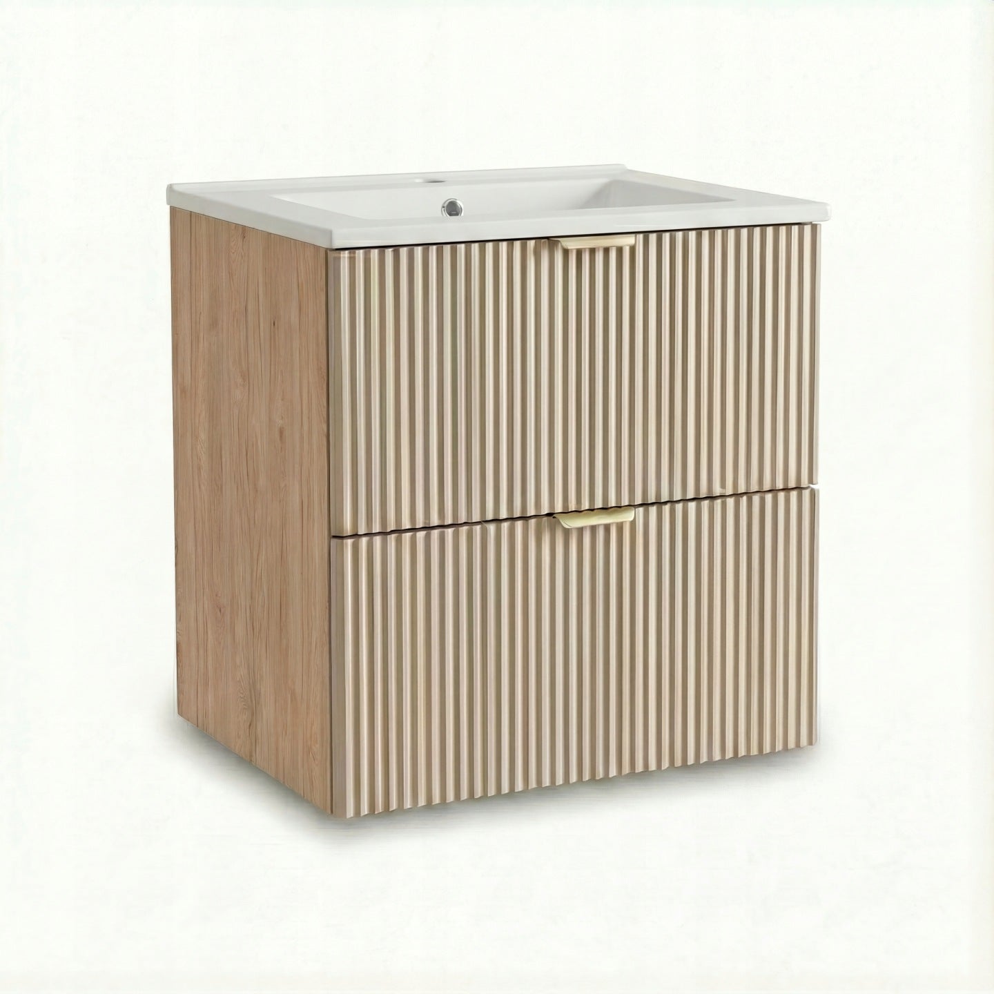 Waschtischunterschrank Willy 60 cm mit integriertem Keramikwaschbecken in Kaschmir/Walnuss. Modernes Design mit geriffelten Fronten, zwei Soft-Close-Schubladen und Metallgriffen.