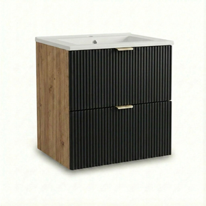 Waschtischunterschrank Willy 60 cm mit integriertem Keramikwaschbecken in Schwarz/Walnuss. Modernes Badmöbel mit geriffelten Fronten, offenem Regal und zwei Soft-Close-Schubladen.