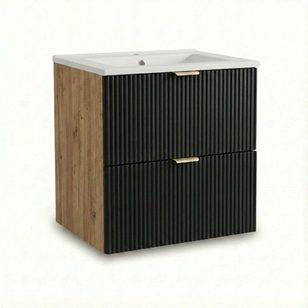 Waschtischunterschrank Willy 60 cm mit integriertem Keramikwaschbecken in Schwarz/Walnuss. Modernes Badmöbel mit geriffelten Fronten, offenem Regal und zwei Soft-Close-Schubladen.