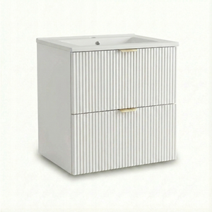 Waschtischunterschrank Willy 60 cm in Weiß mit integriertem Keramikwaschbecken. Modernes Badmöbel mit geriffelten Fronten, zwei Soft-Close-Schubladen und wählbaren Metallgriffen.